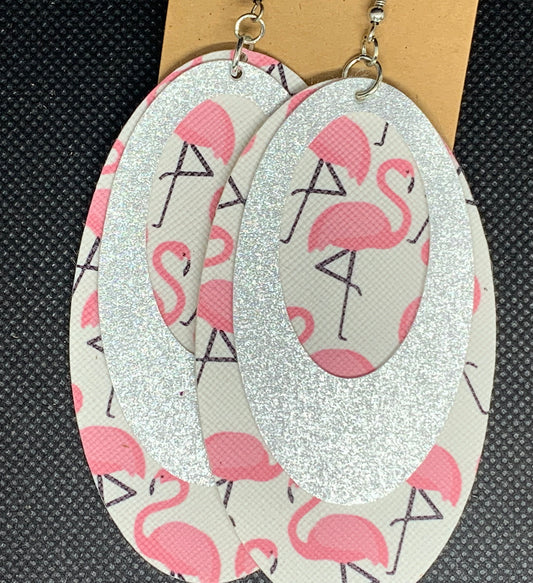 Silver Sparkle and Pink Flamingo Dangle Earrings