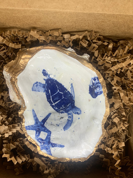 Sea creatures in blue and white jewelry dish