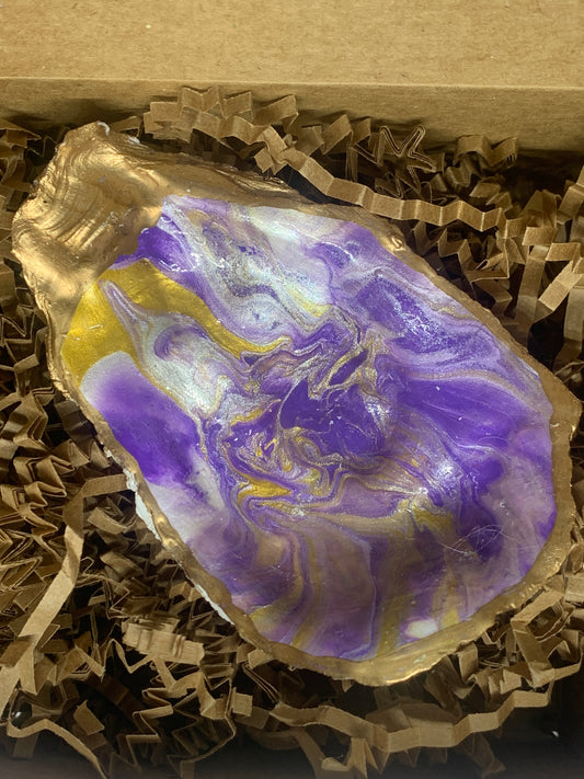 Paint pour in purple, white and gold jewelry dish